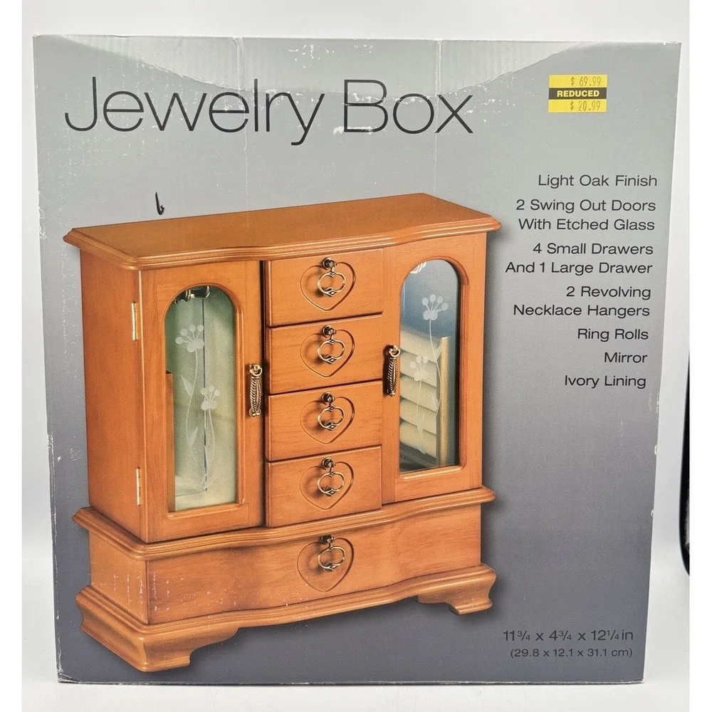 Joyero jewelry armoire features five drawers, two side doors NEW